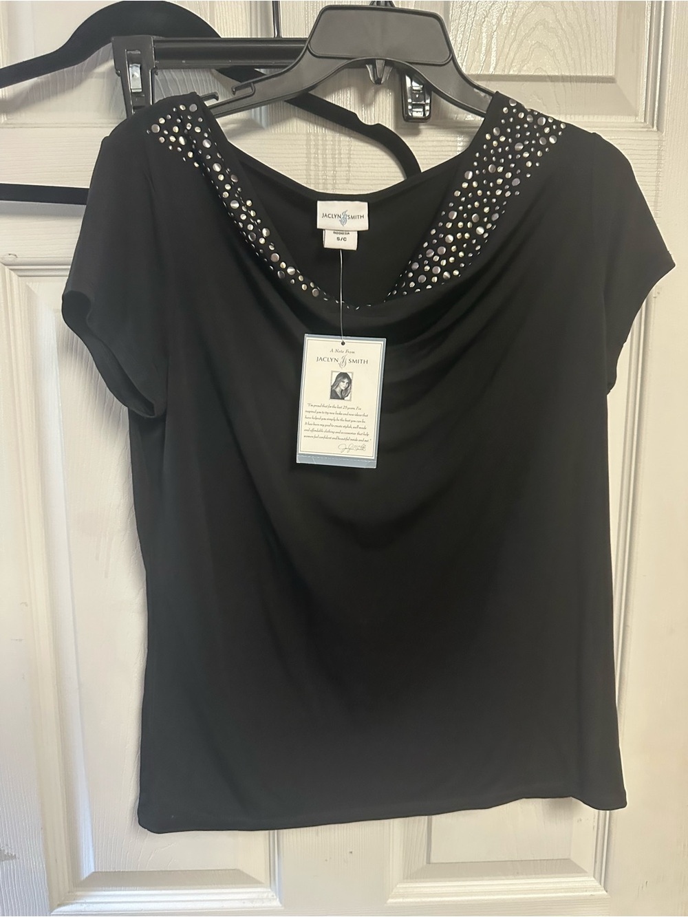 Jaclyn Smith Black Short Sleeve Cowl Neck Top with Rhinestone Trim
